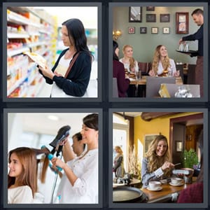 woman choosing product at shop, women at restaurant with waiter, woman getting hair done at salon, woman paying at cafe