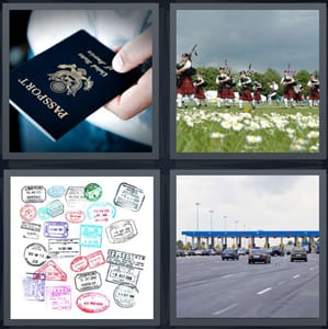 American passport cover, Scottish bagpipe players, travel stamps in passport, border control on highway