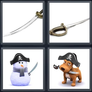 sword with gold handle, saber with nice handle, snowman with pirate hat, dog with pirate hat and sword