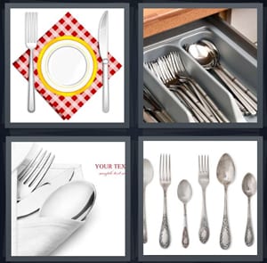 place setting at table with picnic tablecloth, utensils in drawer, invitation to meal, silver utensils fork spoon knife