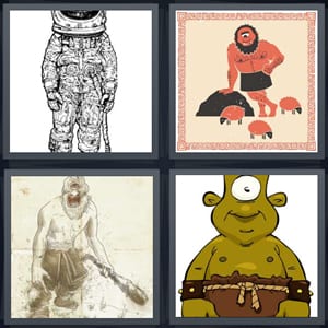 astronaut drawing in space suit, ancient drawing of monster in red and black, monster with club, one eye monster cartoon with rope on pants