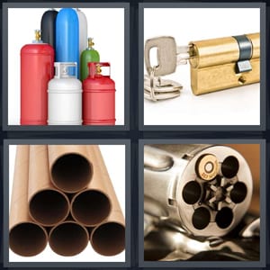 propane tanks, key with gold sheath, poster mailing tubes, barrel of gun with bullet