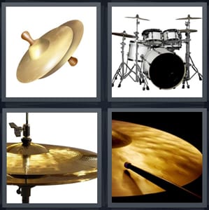 clash sound for brass percussion instrument, drum set with full set, brass percussion instrument, person playing percussion instrument