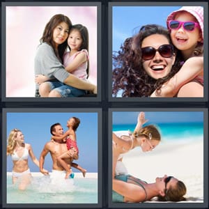 mother with child, kid and mom wearing sunglasses, family in ocean playing, mother and kid at beach