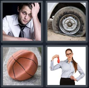 sad man with tie, flat tire on car, crushed basketball, woman holding flat balloon no air