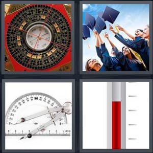 compass with north south, graduates throwing caps up after ceremony, protractor tool for math, thermometer with red mercury