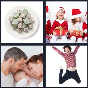 hard candy squares on plate, children dressed up for Christmas with presents, family with baby smiling, happy man jumping