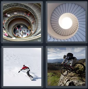 spiral staircase, stairs in circle, man skiing down snowy mountain hill, man going down on mountain bike over rocks