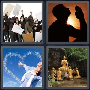 protesters at rally with signs, man praying at sunset, couple in love with blue sky, Buddhist sculptures in garden