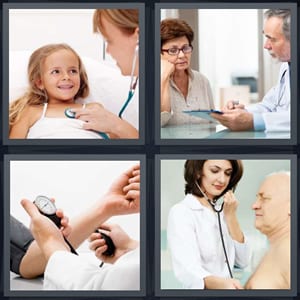 doctor with little girl in hospital, woman with doctor prescribing, blood pressure test, woman listening to patient heartbeat