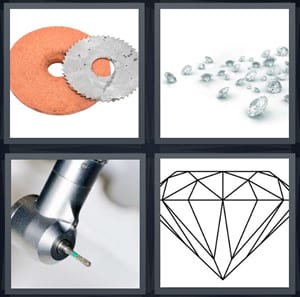 saw with sharpener, crystal gems scattered on white background, metal tool, expensive symbol