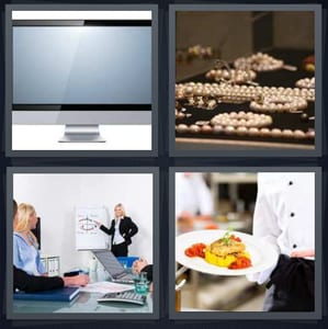 computer monitor desktop, pearls in case at jewelry store, woman giving business presentation, server bringing plate at restaurant