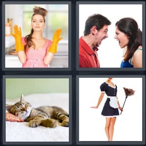 woman wearing yellow rubber gloves, couple yelling at each other, sleeping cat on bed, maid with duster