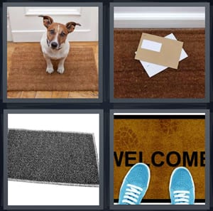 dog at front door, mail envelopes by front door, black mat on white background, welcome mat with blue shoes