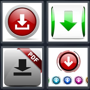 symbol red sign, green button for computer, PDF symbol, arrows pointing down