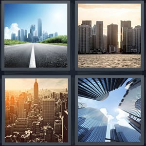 road leading into metropolitan center, city on river, skyline of New York City, skyscrapers looking up glass and sky