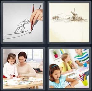 sketch of person, pencil art of windmill with trees, kids playing with crayons, kindergarten class doing art
