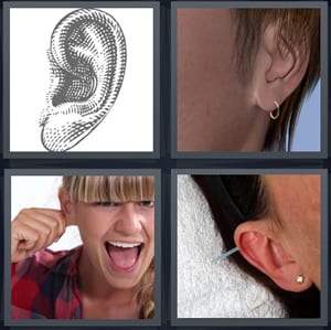 sketch of ear, earring in man ear, woman tugging on ear, woman getting ear cartilage pierced
