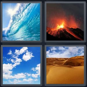 large ocean waves, erupting volcano with fire and lava, blue sky with clouds, desert sand dunes