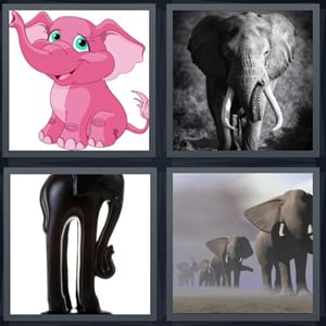 pink cartoon animal, animal with ivory tusks, statue with long trunk, marching animals