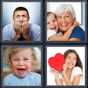 nervous man biting fingers, grandma with child, baby crying, woman in love with heart