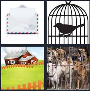 British mail envelope for post, bird in cage, fence around cartoon barn, dogs in pound behind bars