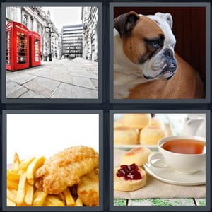 red phone booth with telephone sign, bulldog with underbite, fish and chips, tea and scone with jelly