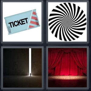ticket stub, swirl black and white pattern, large door with light in crack, red curtain on stage