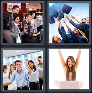 people having party at bar with drinks, graduates with caps in air, team celebrating in office, woman success with laptop
