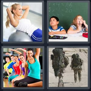 woman on flex ball, kids in school class, women doing yoga stretch, soldiers on hike in army