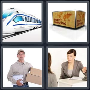 fast train, drop shipping box with map, delivery man with box package, business women having conversation