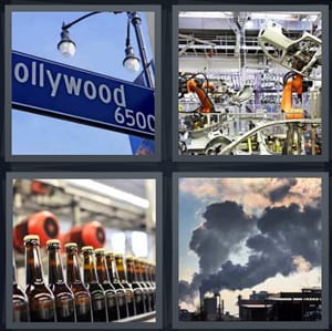 Hollywood Boulevard sign, car assembly plant Detroit, beer bottles being made, smoke exhaust from manufacturing