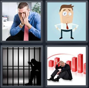 upset man sitting with head in hands, cartoon of broke man, man in prison behind bars, man with declining stocks