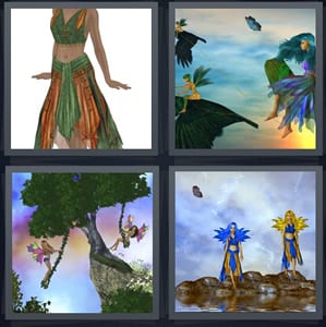 dancer in flowy green and orange skirt, nymphs with blue hair and wings, fantasy women in tree with nice sky, imaginary women in blue and yellow