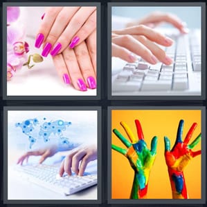 woman getting nails done manicure pink polish, woman typing on keyboard, keyboard with map of world, paint on hands