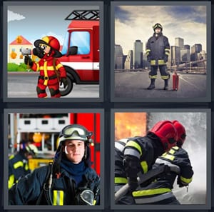 cartoon fire fighter with axe, city bravest civil servant, station with pole, men extinguishing fire with hose