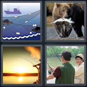 net with fish trapped underwater, bear with fish in mouth, man casting rod at sunset, men casting rod in lake