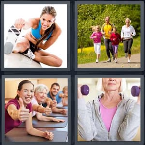 woman stretching with hand on foot, family jogging on path, women doing yoga with thumbs up, old woman lifting weights