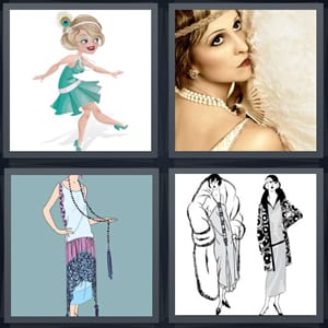 cartoon of woman doing Charleston dance, vintage woman with feathers and beads, cartoon of woman with long skirt and beads, sketch of women wearing fur coats