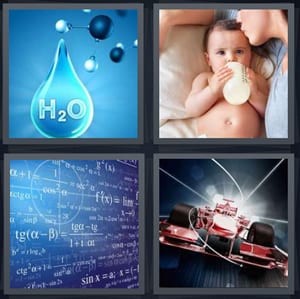 water H20 chemistry, baby drinking bottle with mom in bed, math equations on chalkboard, racing car European