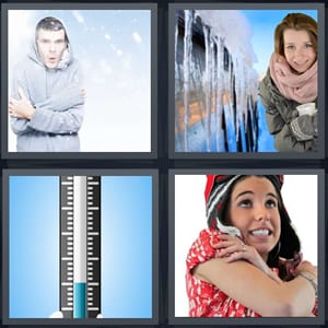 man outside in winter, woman with warm mug and icicles, thermometer showing low temperature, cold woman shivering