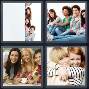 family group of people peering behind wall, crew of good people, girlfriends having coffee, two women hugging