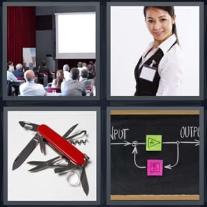 attendees at presentation with large screen, woman wearing nametag, Swiss army knife with many tools, input and output diagram