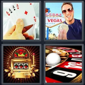 hand of cards four aces, man in Las Vegas, slot machine, roulette casino table