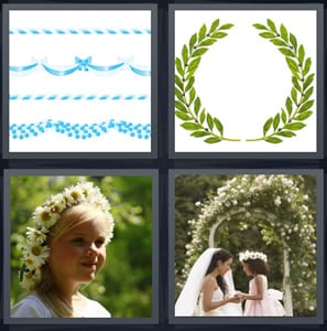 blue ribbons decorations for party, olive branch, woman with flower crown in hair, bride with flower girl at wedding