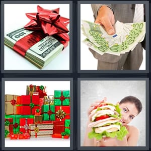 gift of hundred dollar bills, euros in hand, presents wrapped for holidays, woman holding large sandwich