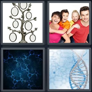 ancestry family tree, family with two kids, biology under microscope, DNA double helix