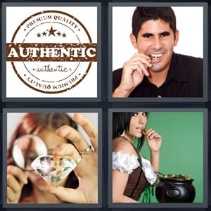authentic label brand, man biting penny to see if real, woman inspecting diamond, woman leprechaun with pot of gold