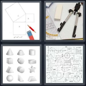 box to fold, compass to draw arc, shapes with shading, measurements on graph paper