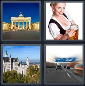 Brandenburg Gate in Berlin, beer maid with large stein, castle on forest hill, fast highway Audobahn